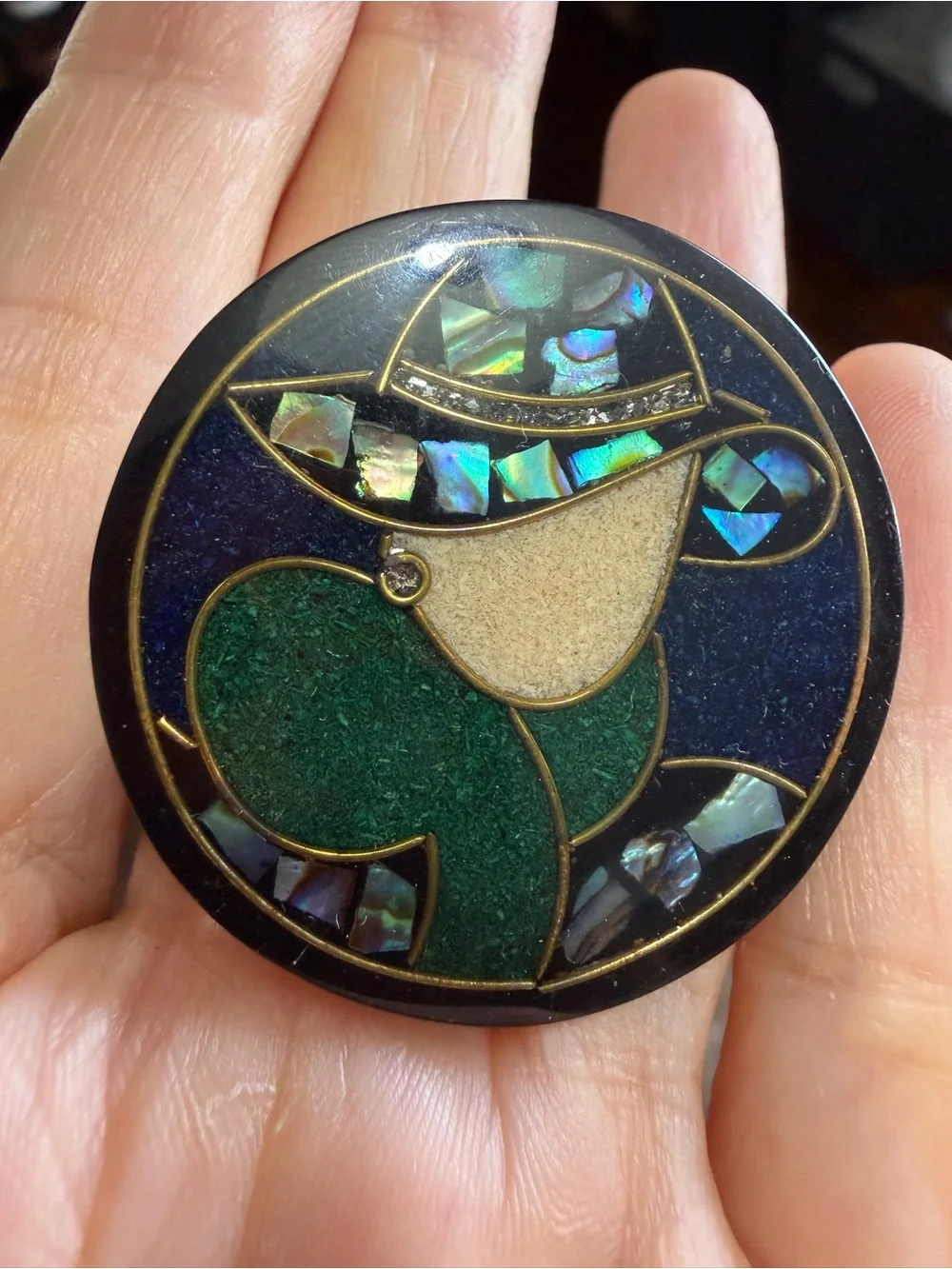 VTG Lee Sands Mosaic Inlay Lady in Hat Brooch Abalone Shell Art Deco Style Pin